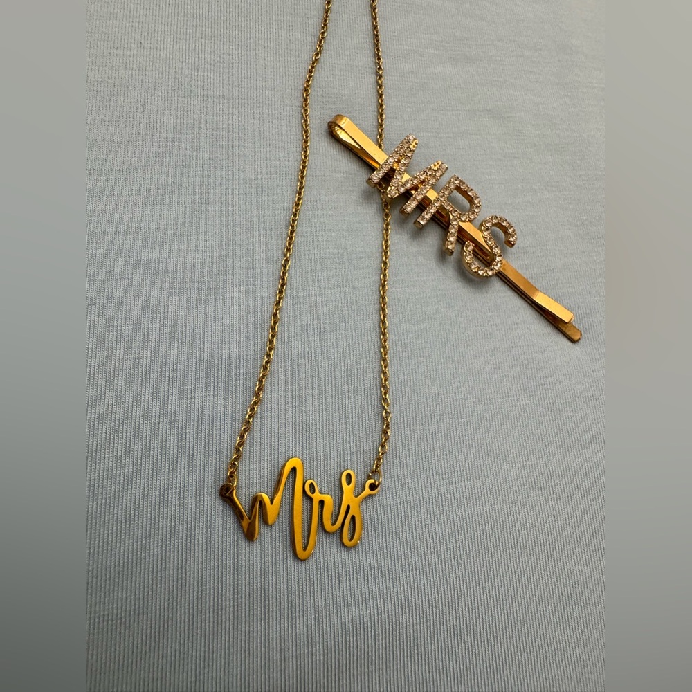 Gold 'Mrs' Script Necklace and Rhinestone Hair Accessory
